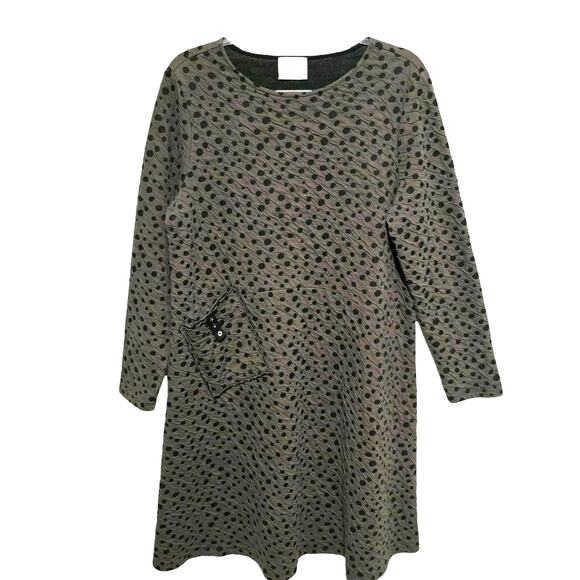 Chalet et Ceci Midi Dress Polka Dot Grey Black Textured Cotton Blend Lagenlook M - Picture 1 of 8